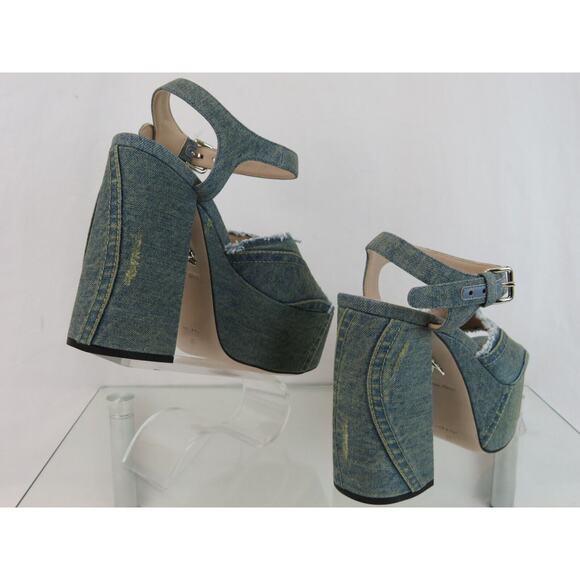 MIU MIU 5XP832 BLUE WASHED DENIM BUCKLE ANKLE STRAP SANDAL PLATFORM PUMPS 37 - Picture 9 of 14